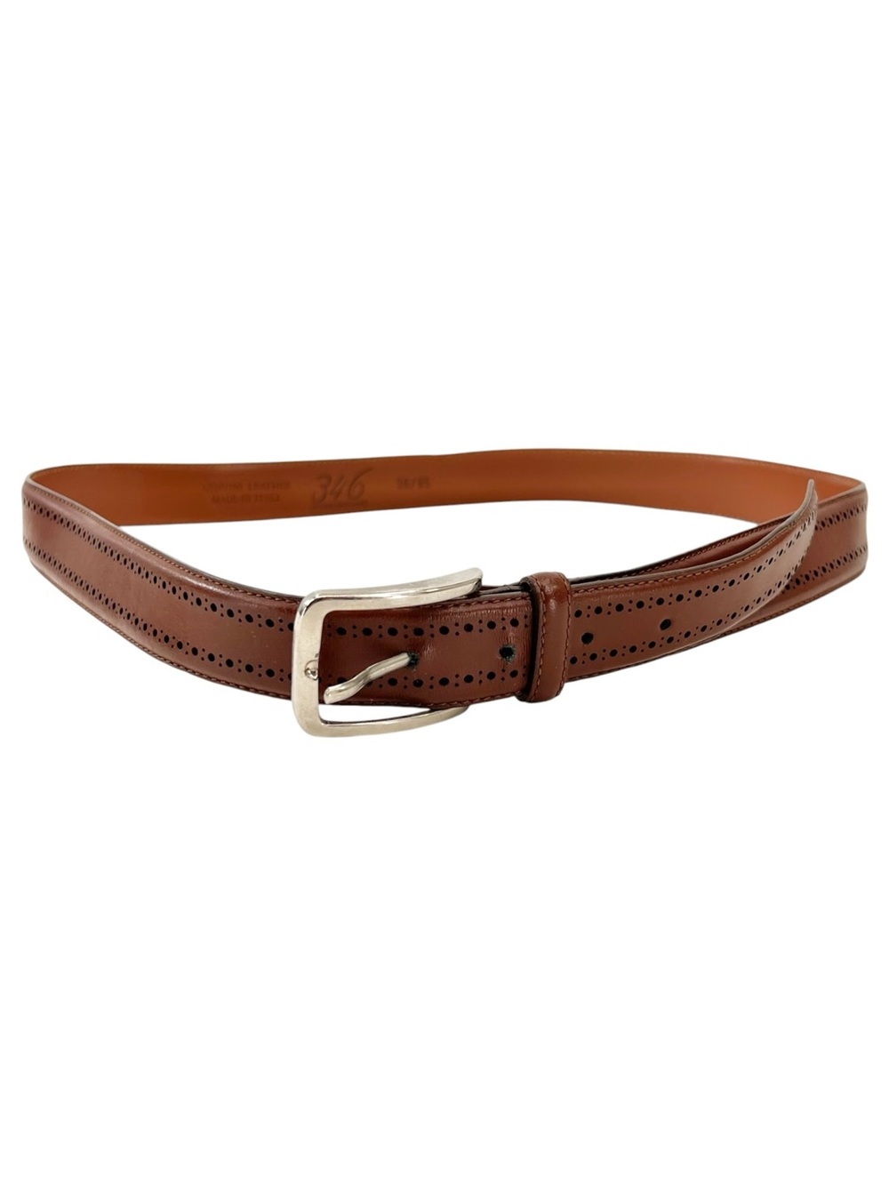BROOKS BROTHERS 346 Silver Buckle Brown Perforated Leather Classic Luxury Belt